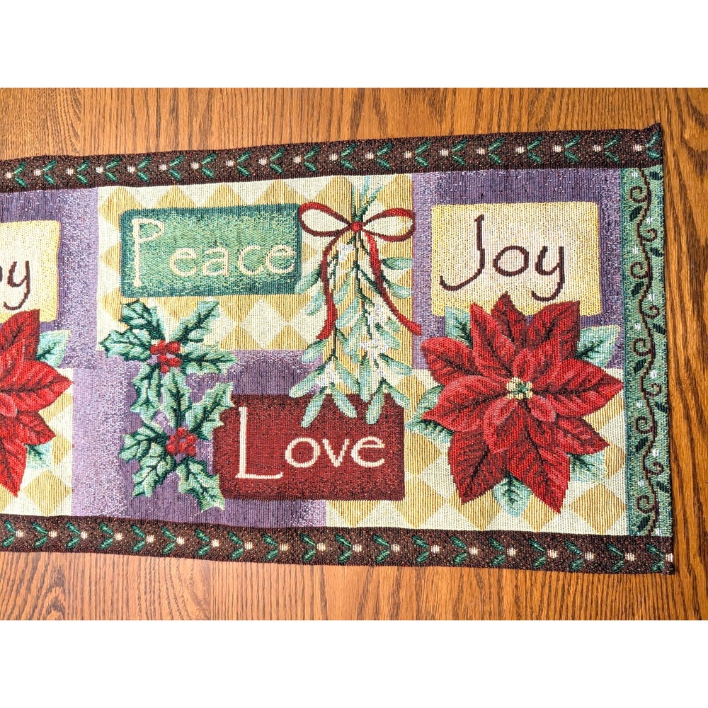 Tapastry Christmas Table Runner Pointsettia Joy Peace Love Holiday 16 "x 72"
